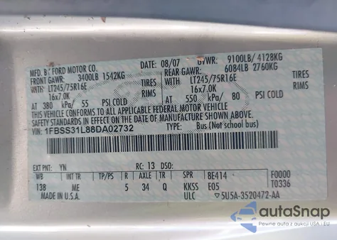 2008 Ford E-350 Super Duty Xl/Xlt из США, поврежденный, VIN 1FBSS31L88DA02732